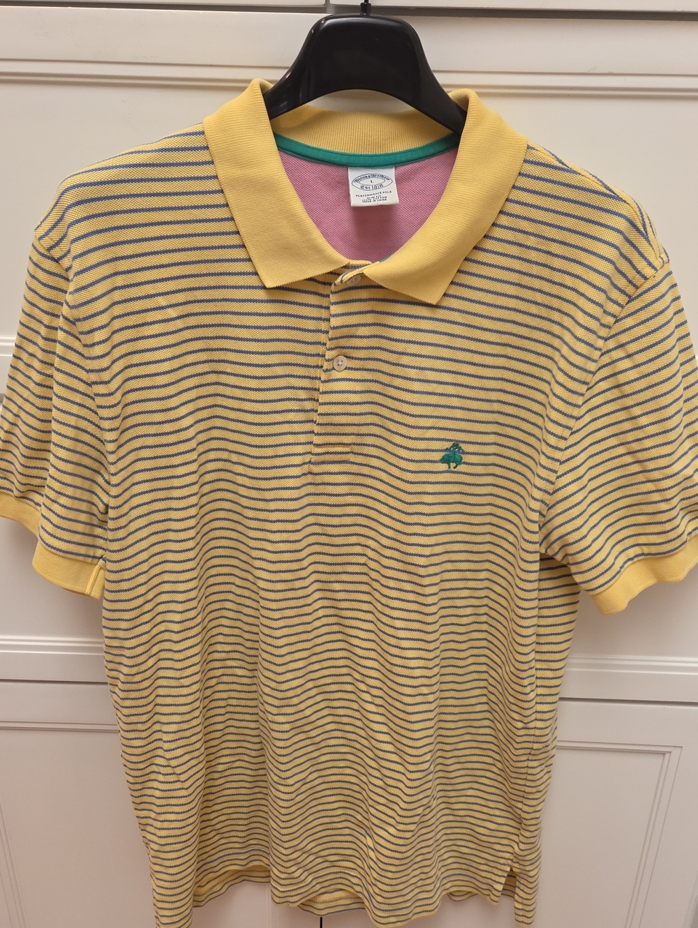 Brooks Brothers Men's Slim Fit Performance Yellow Polo with Navy Stripes (L)